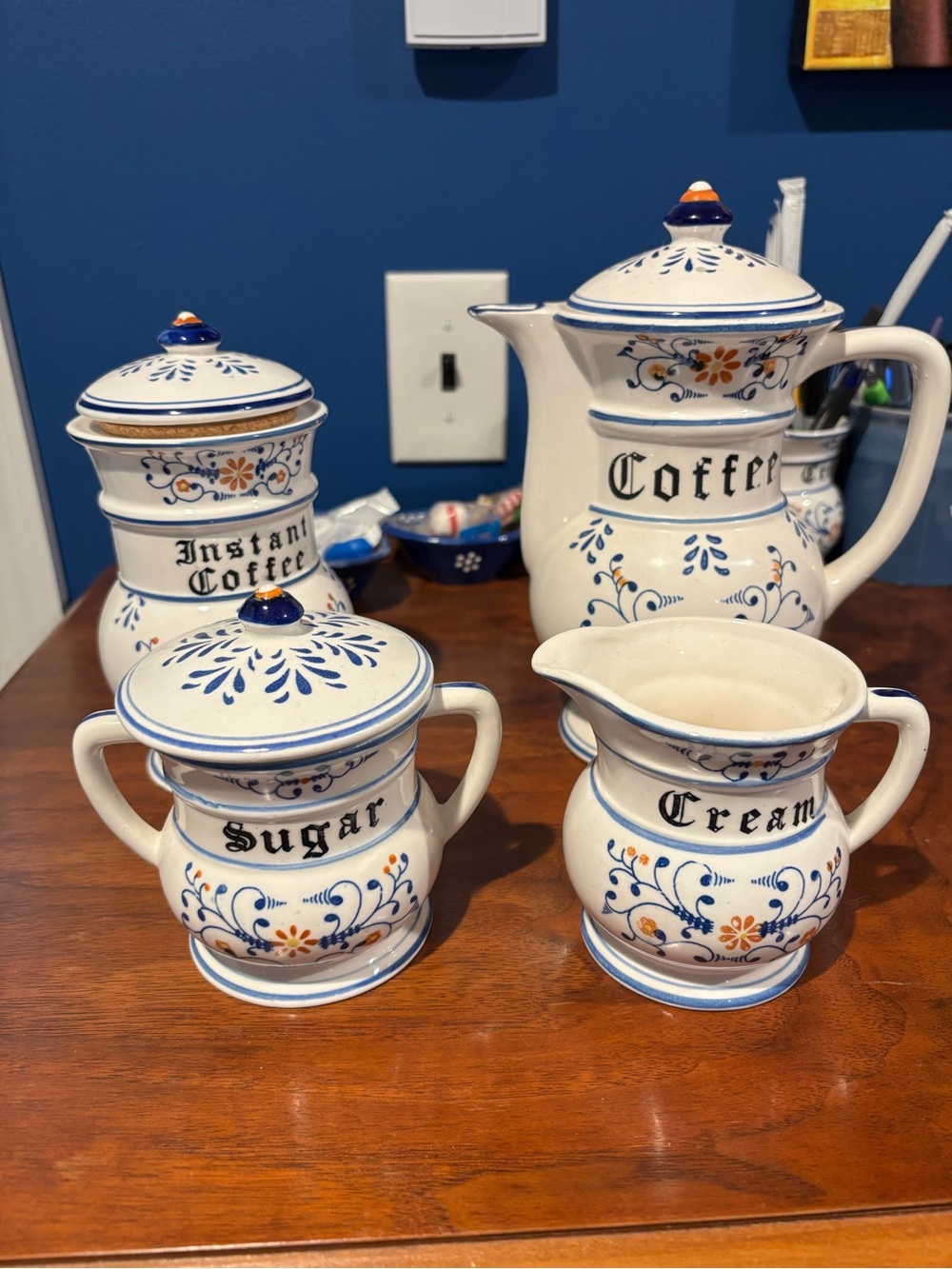 Royal Sealy Ceramic Coffee Sugar Cream Set - Blue & Orange Floral